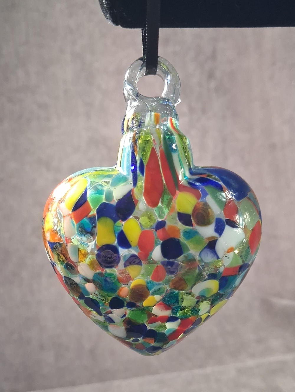 Vintage Mexico Hand Blown Glass Heart Ornament with Multicolour Confetti VG+